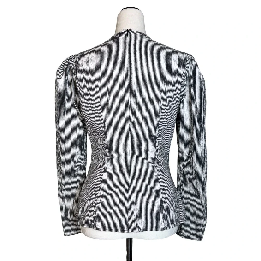 Zara Ruched Pinstripe Blouse M Puff Sleeve Regency Office Siren Structured Top